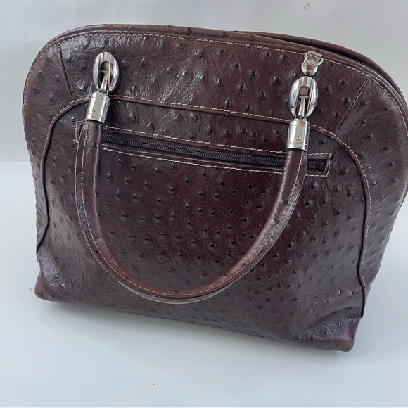 BORSE IN PELLE Genuine Leather Burgundy Brown Ostrich Embossed Satchel ITALY - Picture 4 of 12